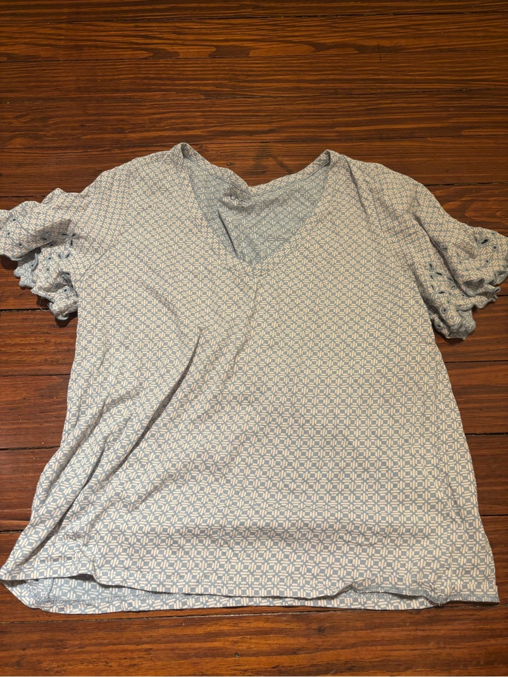 Loft Light Blue Patterned V-Neck Short Sleeve Top